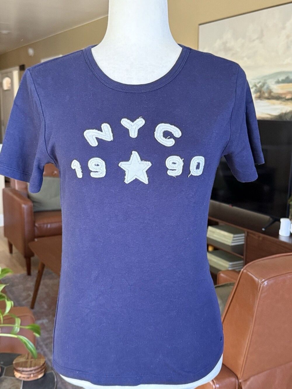 Urban Outfitters NYC 1990 Navy Blue Baby Tee Shirt Women's Size XL Y2K Grunge
